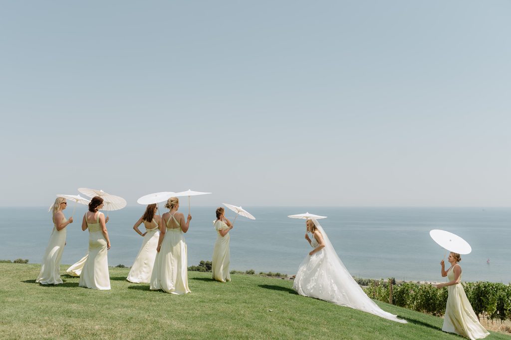 Bridesmaids and bride on a hill in Italy